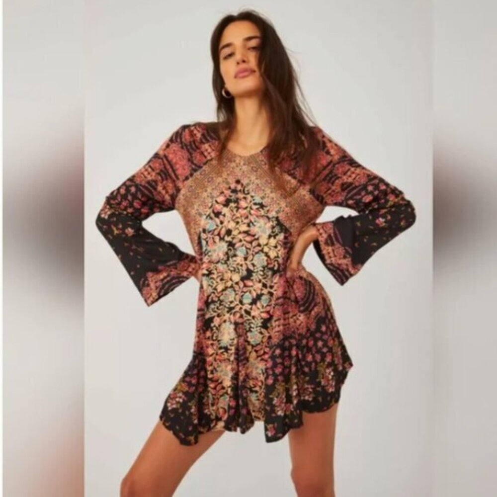 Free People Stevie Black Combo Printed Tunic Dress w/ Flowy Bell Sleeves Size S - Picture 1 of 12